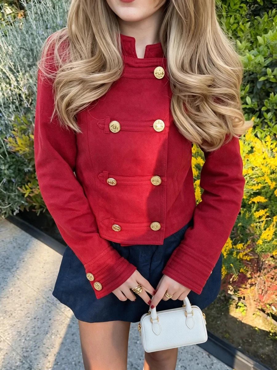 Women's Autumn New French Vintage Stand Collar Bright Red Double-Breasted Gold Button Short Jacket, Petite Height-Enhancing Waist-Cinching Commuter Top - Red - View 1