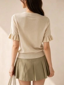 Damen Rundhals Kurzarm Strickpullover, Rüschenbündchen, lässiger, vielseitiger, leichter Strick-Top - Aprikosenfarben - Übersicht 2