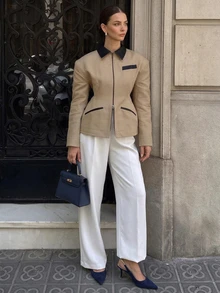 Long Sleeve Vintage Patchwork Turn-Down Collar Multi-Pocket Cinched Waist Wide Shoulder Casual Jacket Fall - Khaki - View 1