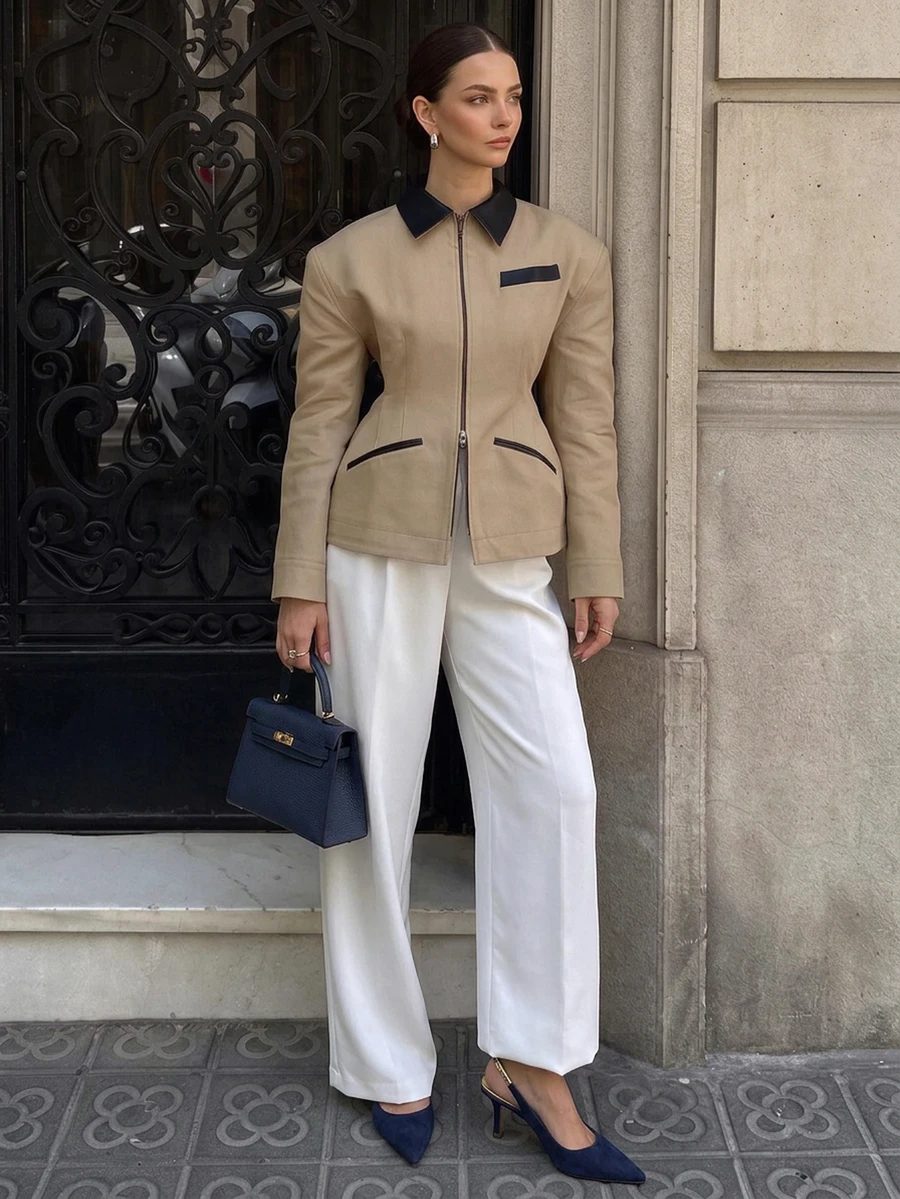Long Sleeve Vintage Patchwork Turn-Down Collar Multi-Pocket Cinched Waist Wide Shoulder Casual Jacket Fall - Khaki - View 1