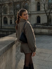 Women Fall Fashion Elegant Casual Vintage Brown Collared Long Sleeve Jacket & Shorts Two Pieces Set For Office Going Out Vacation - Brownish Gray - View 4