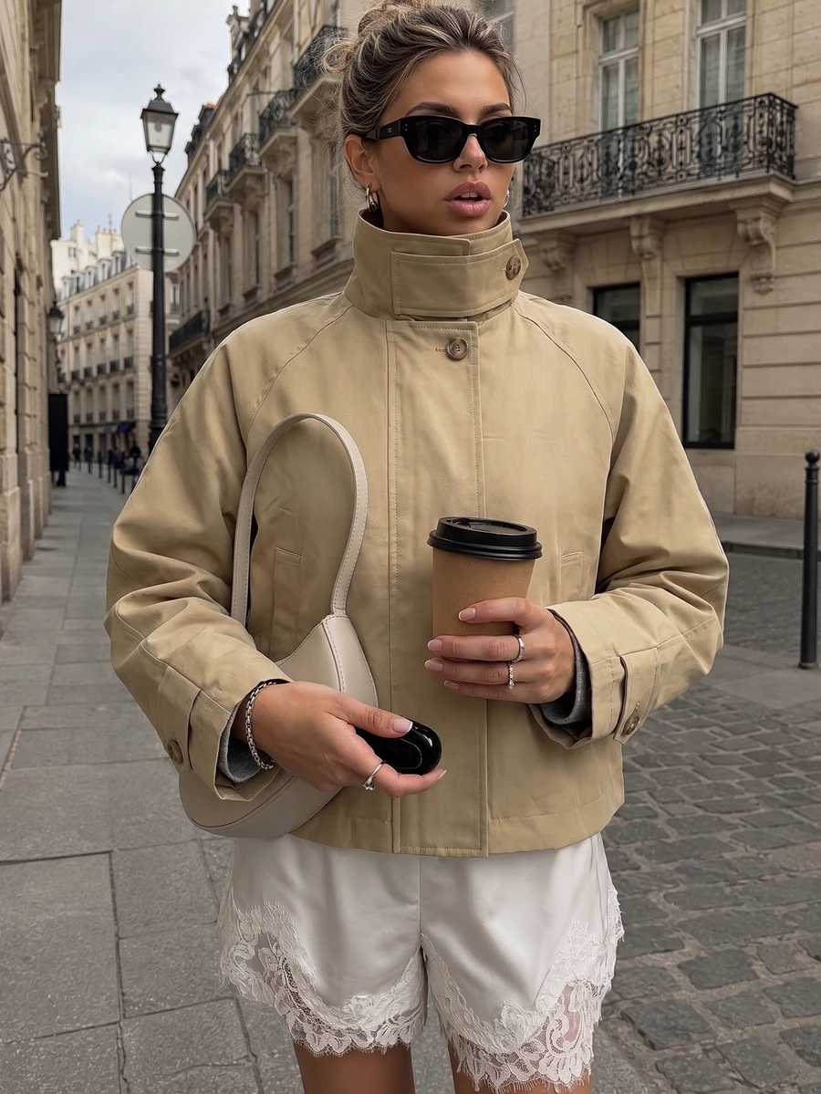 Women Fall Fashion Elegant Casual Khaki Stand Collar Button Up Long Sleeve Short Jacket For Office Going Out Vacation - Khaki - View 1