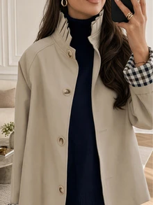 Autumn Casual Commute Pleated Stand Collar Jacket - Khaki - View 2