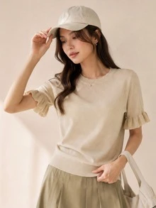 Damen Rundhals Kurzarm Strickpullover, Rüschenbündchen, lässiger, vielseitiger, leichter Strick-Top - Aprikosenfarben - Übersicht 1