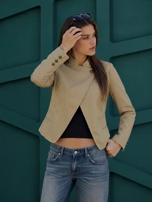 Women Fall Elegant Casual Beige Pinstripe Stand Collar Asymmetrical Button Short Blazer For Office Going Out Vacation - Khaki - View 1