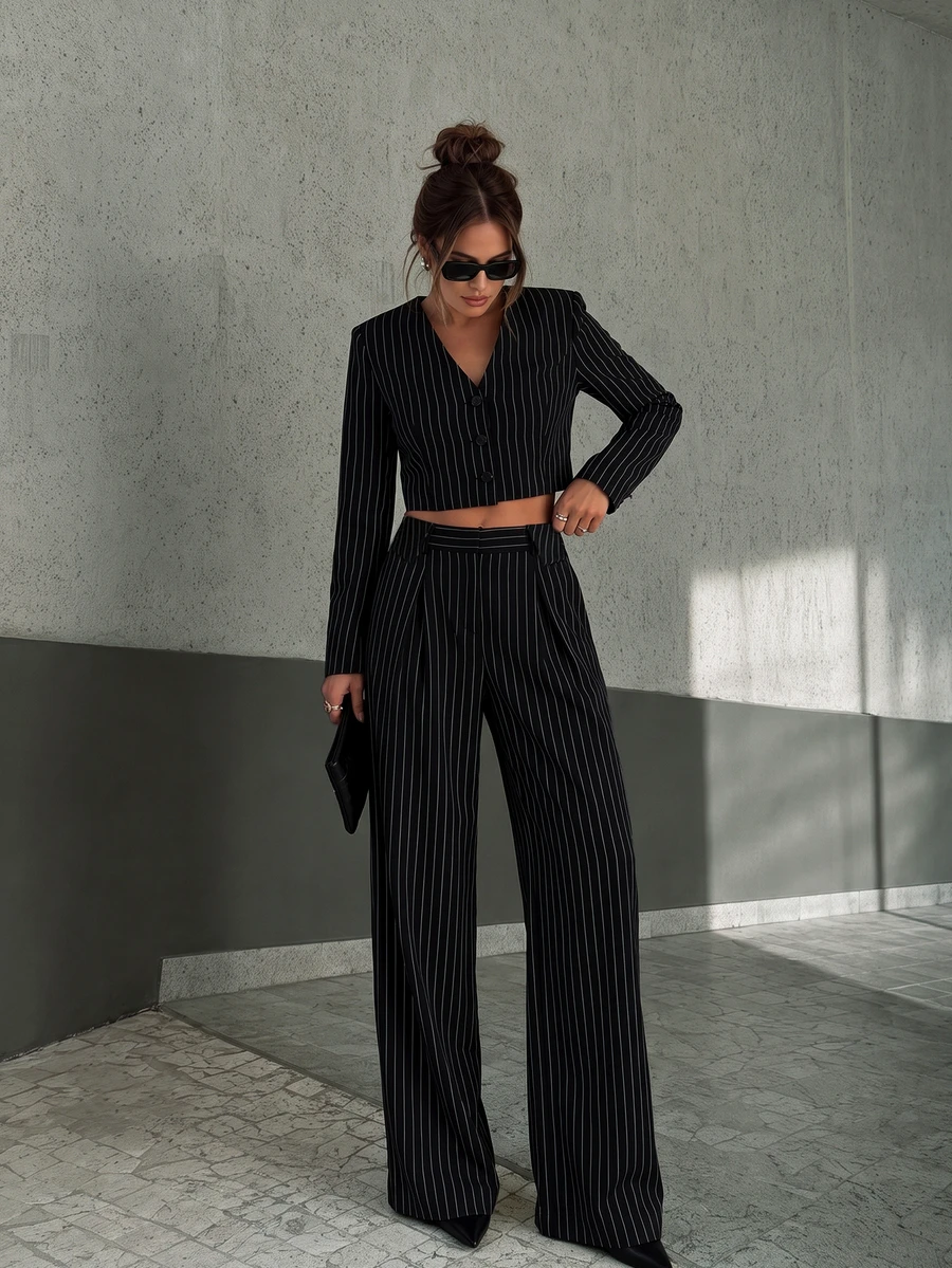 Women's Autumn Elegant Casual Black Striped Short Blazer + Long Pants 2 Pieces Set, Suitable For Office, Vacation, Outings - Black - View 1