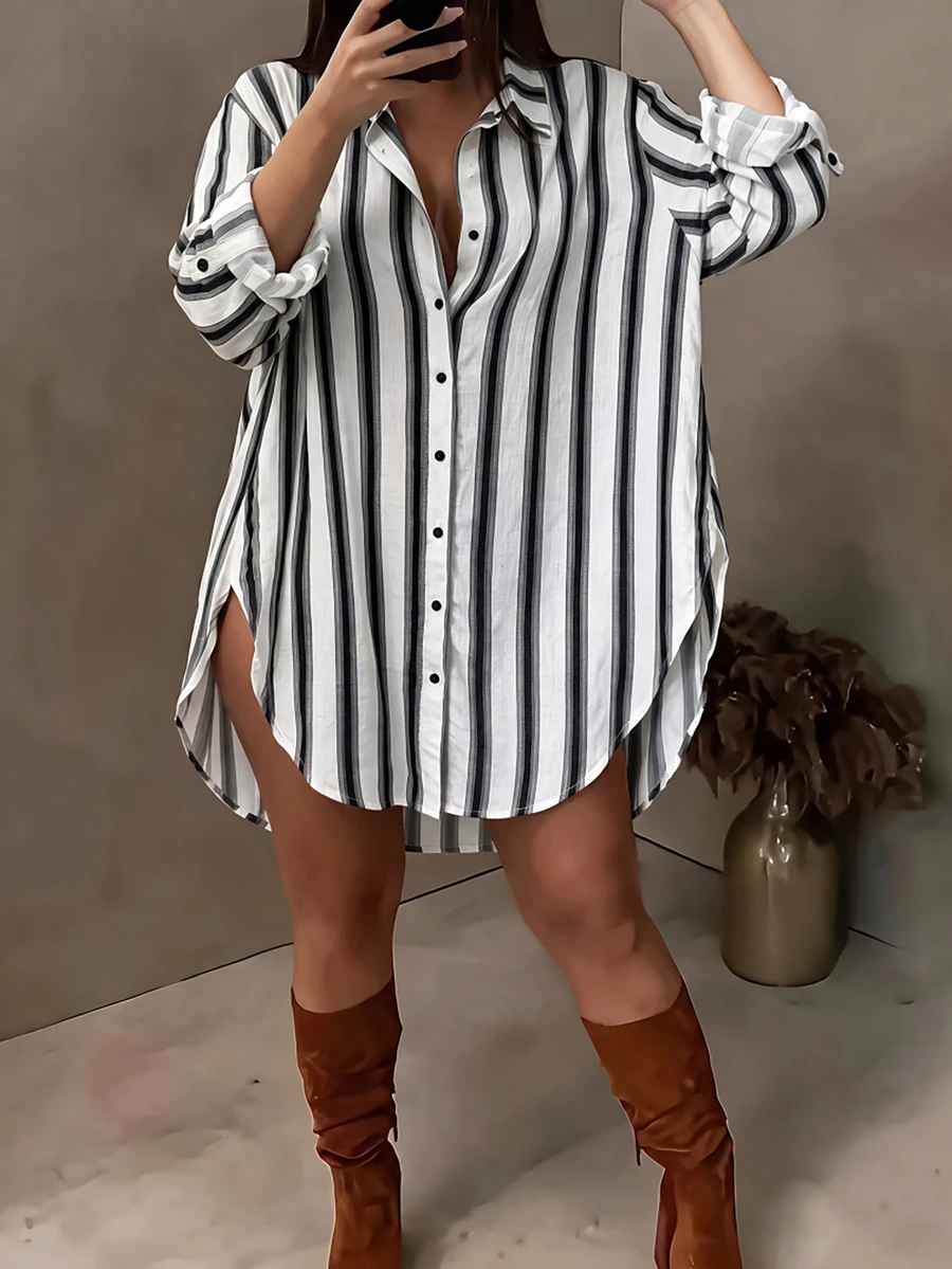 Classic Striped Plus Size Women's Shirt, Button Front Long Sleeve Collared Top - White - View 1