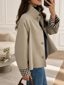 Autumn Casual Commute Pleated Stand Collar Jacket - Khaki - View 1