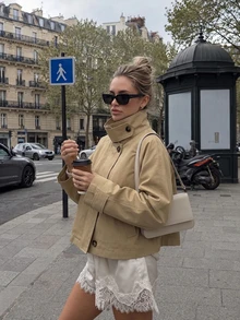 Women Fall Fashion Elegant Casual Khaki Stand Collar Button Up Long Sleeve Short Jacket For Office Going Out Vacation - Khaki - View 2