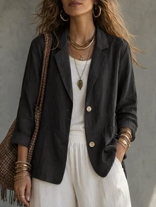 Women's Black Minimalist Casual 3/4 Sleeve Small Suit Jacket, Retro Double-Breasted Versatile Office Wear Fall - Black - View 4