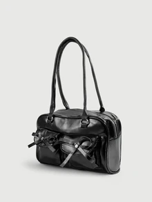 DareSee 1pc Vintage Minimalist Zipper Tote Bag, Decorated With Pockets, Dual Handles, Suitable For Daily And Commute Halloween - Black - View 3