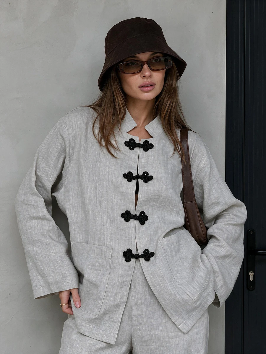 Women's Regular Length Woven Grey Shirt Blouse, Non-Stretch Fabric, Stand Collar Long Sleeve Shirt, Dropped Shoulder Design, Front Button Pocket For Layering