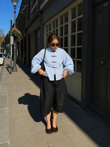 Fashionable Women's Striped Shirt, Stand Collar Design, With Red Frog Button, Chinese Style Woven Fabric Long Sleeve Blouse, Suitable For Daily Wear And Spring Outfits. - Blue - View 3
