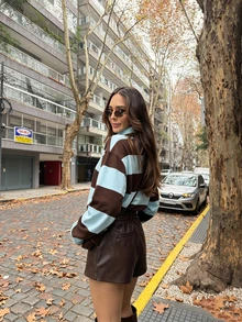 Women's 2026 Autumn/Winter Loose Vintage Colorblock Striped Long Sleeve Polo Shirt - Colorblock Collar, Half Placket, Front Buttons, Loose Fit - Multicolor - View 6