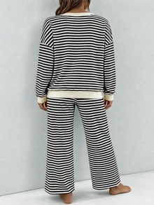 女款時尚條紋V領居家服套裝，對比飾邊，中等彈性舒適兩件套 - 黑色 - 查看 3