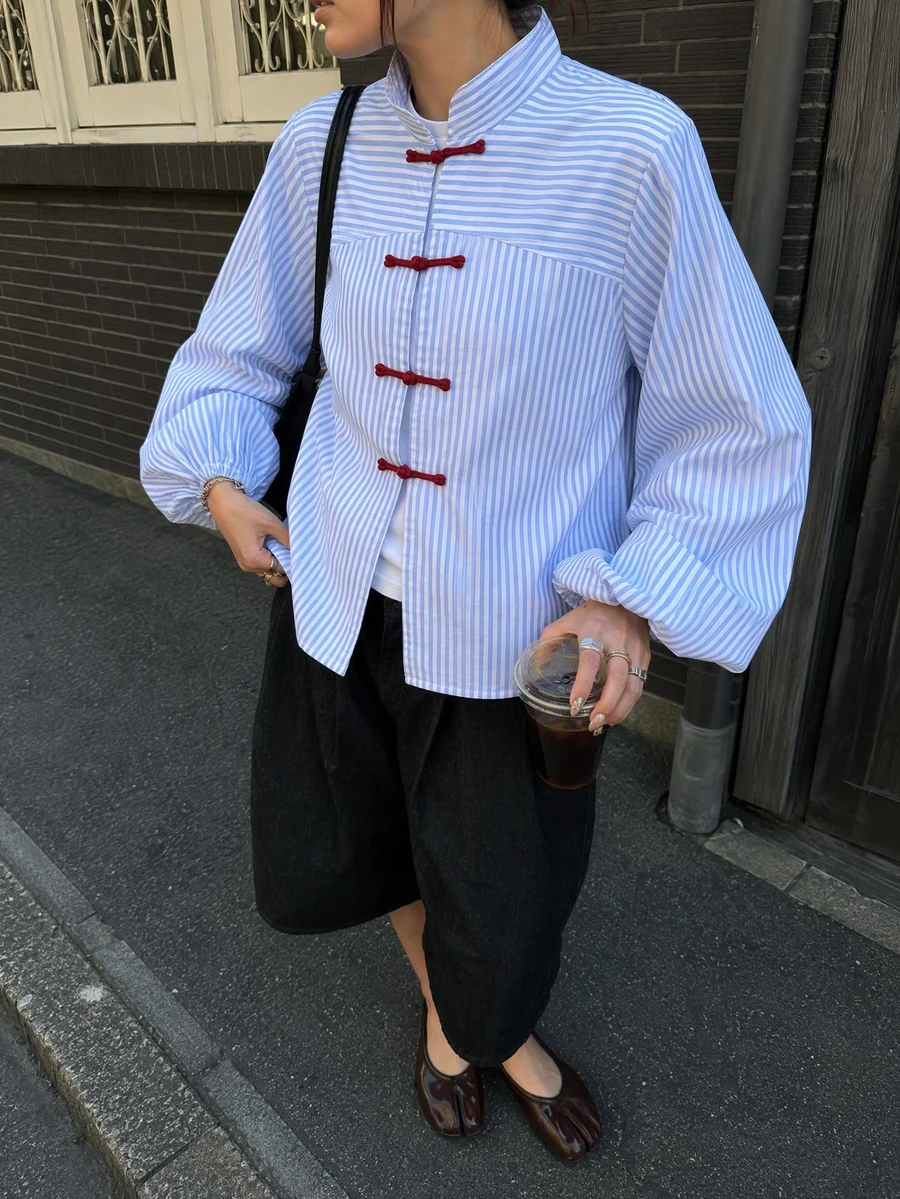 Fashionable Women's Striped Shirt, Stand Collar Design, With Red Frog Button, Chinese Style Woven Fabric Long Sleeve Blouse, Suitable For Daily Wear And Spring Outfits. - Blue - View 1