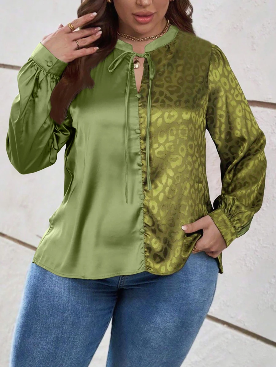 Women's Plus Size Casual Long Sleeve Leopard Print Jacquard Patchwork Shirt - Green - View 1