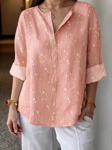 Plus Size Women's Casual Printed Button-Up Shirt - Pink - View 1