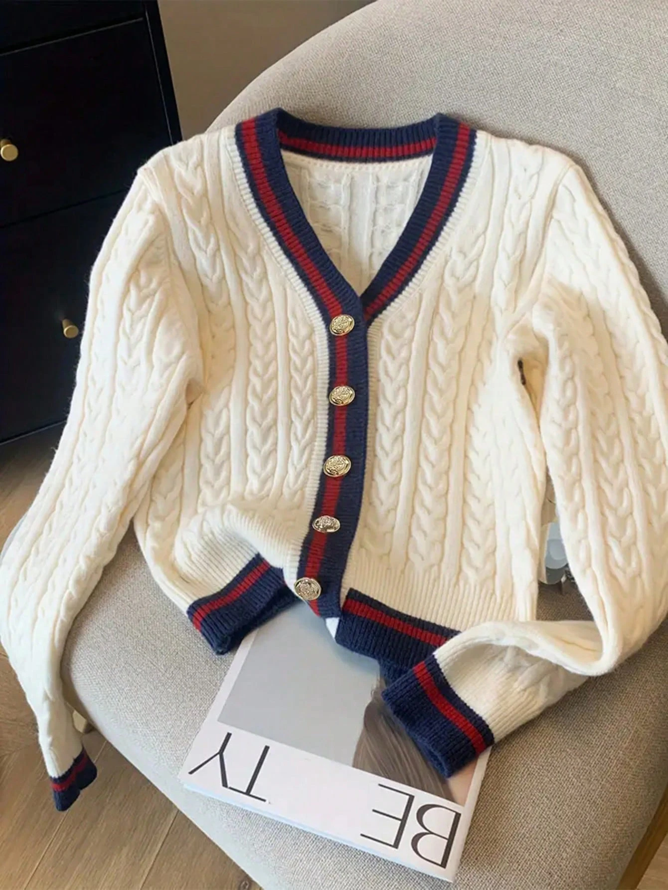 Women's Casual College Style Colorblock Striped Autumn/Winter Fashion Gold Button Knit Cardigan - Apricot - View 1