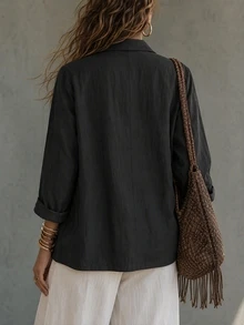 Women's Black Minimalist Casual 3/4 Sleeve Small Suit Jacket, Retro Double-Breasted Versatile Office Wear Fall - Black - View 2