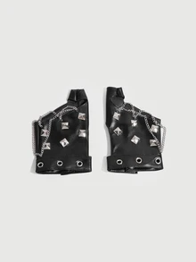 DareSee 1pair Women Personalized Gothic Retro Chain Fingerless Black Gloves, Motorcycle Rock Rivet Arm Sleeves For Parties, Halloween - Black - View 1