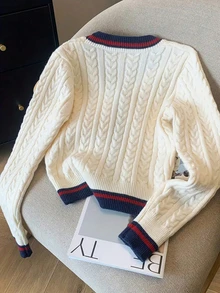 Women's Casual College Style Colorblock Striped Autumn/Winter Fashion Gold Button Knit Cardigan - Apricot - View 2