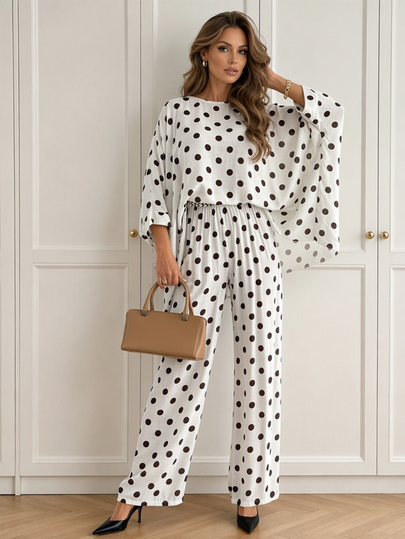 Women's Spring Summer Autumn Loose Business Casual Fashion Office Street Polka Dot Print 3/4 Sleeve Top & Straight Leg Casual Pants 2pcs Set, Sports Set, Casual Set, Daily Commute, Vacation Date, Home Wear