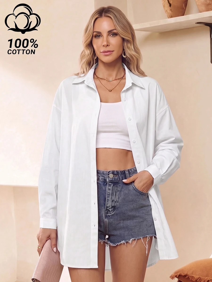 Fashionable Women's Long Sleeve White Woven Shirt With Button Detail, Regular Length, Suitable For Spring Daily Wear - White - View 1