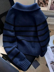 女款秋季新品休閒條紋撞色翻領長袖針織毛衣上衣，返校季深藍色，學院風 - 藏蓝色 - 查看 2