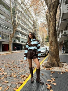 Women's 2026 Autumn/Winter Loose Vintage Colorblock Striped Long Sleeve Polo Shirt - Colorblock Collar, Half Placket, Front Buttons, Loose Fit - Multicolor - View 4