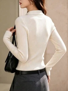 Women's Elegant Solid Color Knit Long Sleeve Top, Polo Collar Button-Down Design, Ribbed Texture Slim Fit, Autumn Daily Commute Casual Top - Apricot - View 2