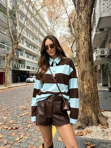 Women's 2026 Autumn/Winter Loose Vintage Colorblock Striped Long Sleeve Polo Shirt - Colorblock Collar, Half Placket, Front Buttons, Loose Fit - Multicolor - View 2