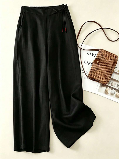 Women's Plus Size Solid Color Drawstring Pocket Wide Leg Pants, Suitable For Autumn