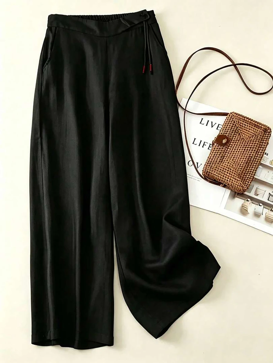 Women's Plus Size Solid Color Drawstring Pocket Wide Leg Pants, Suitable For Autumn - Black - View 1