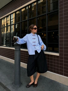 Fashionable Women's Striped Shirt, Stand Collar Design, With Red Frog Button, Chinese Style Woven Fabric Long Sleeve Blouse, Suitable For Daily Wear And Spring Outfits. - Blue - View 2