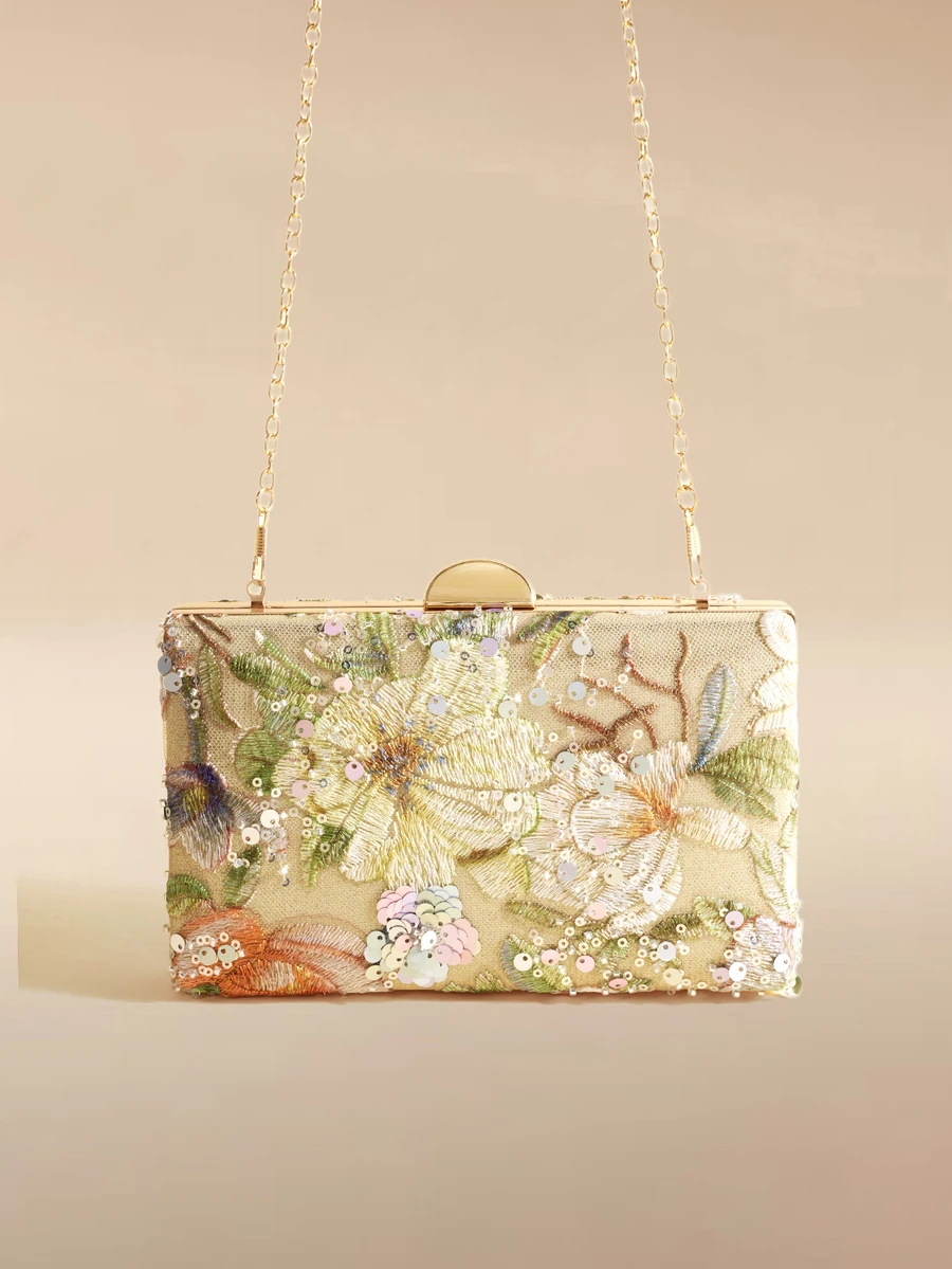 Glizzene [Shiny Evening Bag] New Fashion Women's Clutch Bag, Decorated Box-Shaped , Sequin Embroidered Floral Chain  Suitable For Weddings - Multicolor - View 1