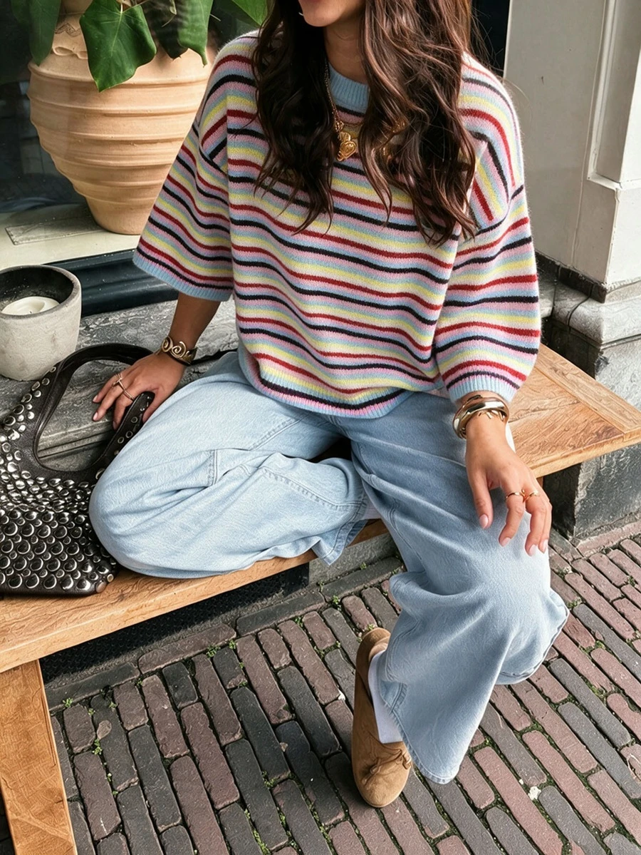 Women's New Autumn Colorblock Striped Crew Neck Knit Top, Gentle And Casual, Daily Wear, College Style - Water Blue - View 1