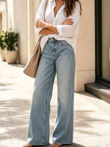 Women's Casual Loose High-Waist Denim Jeans With Button Detail, Long Length, Medium Stretch, Elegant Autumn Outfit Comfortable Versatile Commute Denim Pants - Medium Wash - View 4