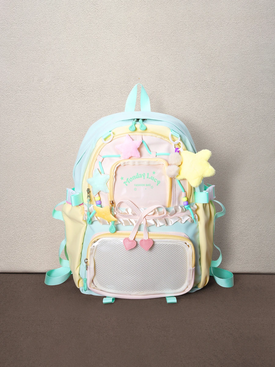 Hatastic 1件裝撞色星星裝飾後背包,大容量,適合旅行、購物、度假,日系風格,萬聖節 - 彩色 - 查看 1