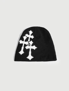 DareSee Street 1件 Y2k 風格十字刺繡休閒針織帽，中性款；適合戶外活動、滑雪等，萬聖節 - 黑色 - 查看 3