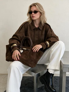 Women's Regular Faux Suede Long Sleeve Single-Breasted Loose Casual Jacket Fall - Rust Brown - View 3