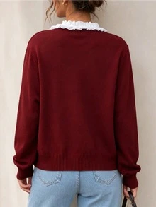 Women's Elegant Burgundy Long Sleeve Crew Neck Cardigan, Exquisite Ribbed Design With Contrast Lace Details, Suitable For Winter Wear - Red - View 2