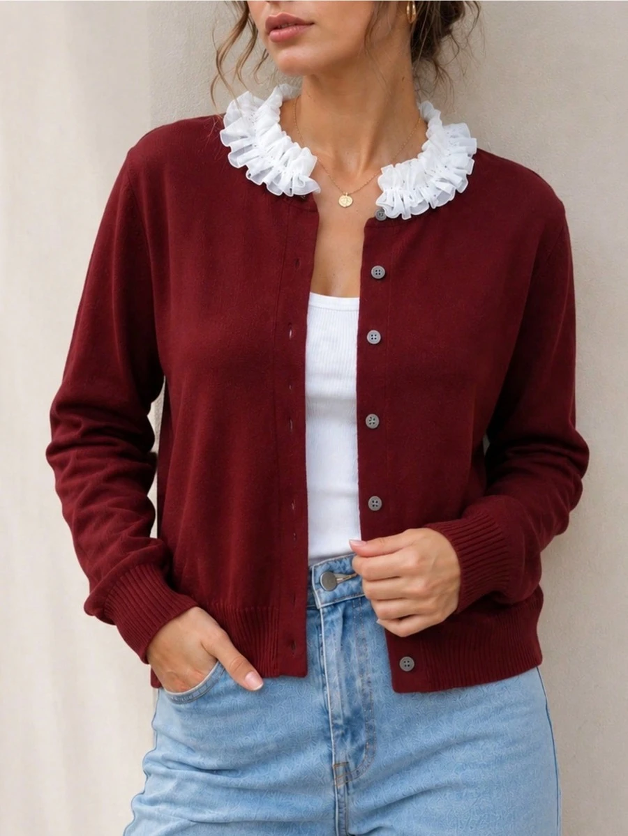 Women's Elegant Burgundy Long Sleeve Crew Neck Cardigan, Exquisite Ribbed Design With Contrast Lace Details, Suitable For Winter Wear - Red - View 1
