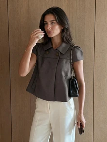 Women's Plaid Short Sleeve Shirt, Suitable For Autumn And Winter Outfits Summer - Mocha Brown - View 1