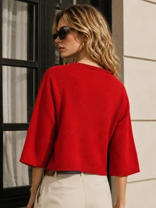 Women's Autumn Vintage Red Large Button Round Neck Knit Cardigan, Loose Fit 3/4 Sleeve Slouchy Top, Versatile Commute Outerwear Sweater Jacket - Red - View 3