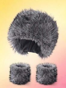 Trivaya Women's 4-In-1 Set: Fluffy Bucket Hat, Arm Warmers, Wristbands - Solid Color, Warm & Windproof - MM1897 - View 1