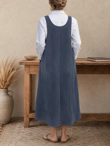 Solid Color Casual Button Decor Wedding Guest Dress, Loose Fit Sleeveless Midi Dress For Plus Size Women - Blue - View 3