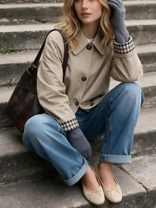 Women's Vintage Plaid Colorblock Jacket, Minimalist Short Lapel, Warm Polyester Blend, Button Front Long Sleeve, Autumn/Winter Daily Commute Casual - Khaki - View 3