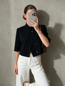 Women's Regular Fit Short Blazer, Short Sleeve Business Suit Jacket, Suitable For Spring/Summer Graduation Season Black - Black - View 3