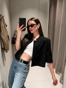 Women's Regular Fit Short Blazer, Short Sleeve Business Suit Jacket, Suitable For Spring/Summer Graduation Season Black - Black - View 4